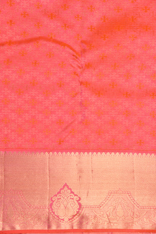 Traditional Big Border Leaf Design Motif Peach Pink Kanchipuram Silk Saree