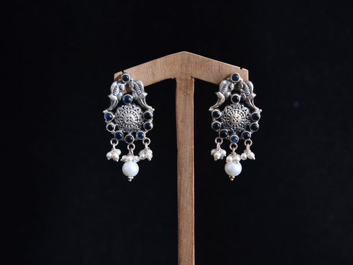 Pure Silver Navy Blue Stones And Pearl Beads Peacock Design Traditional Earrings