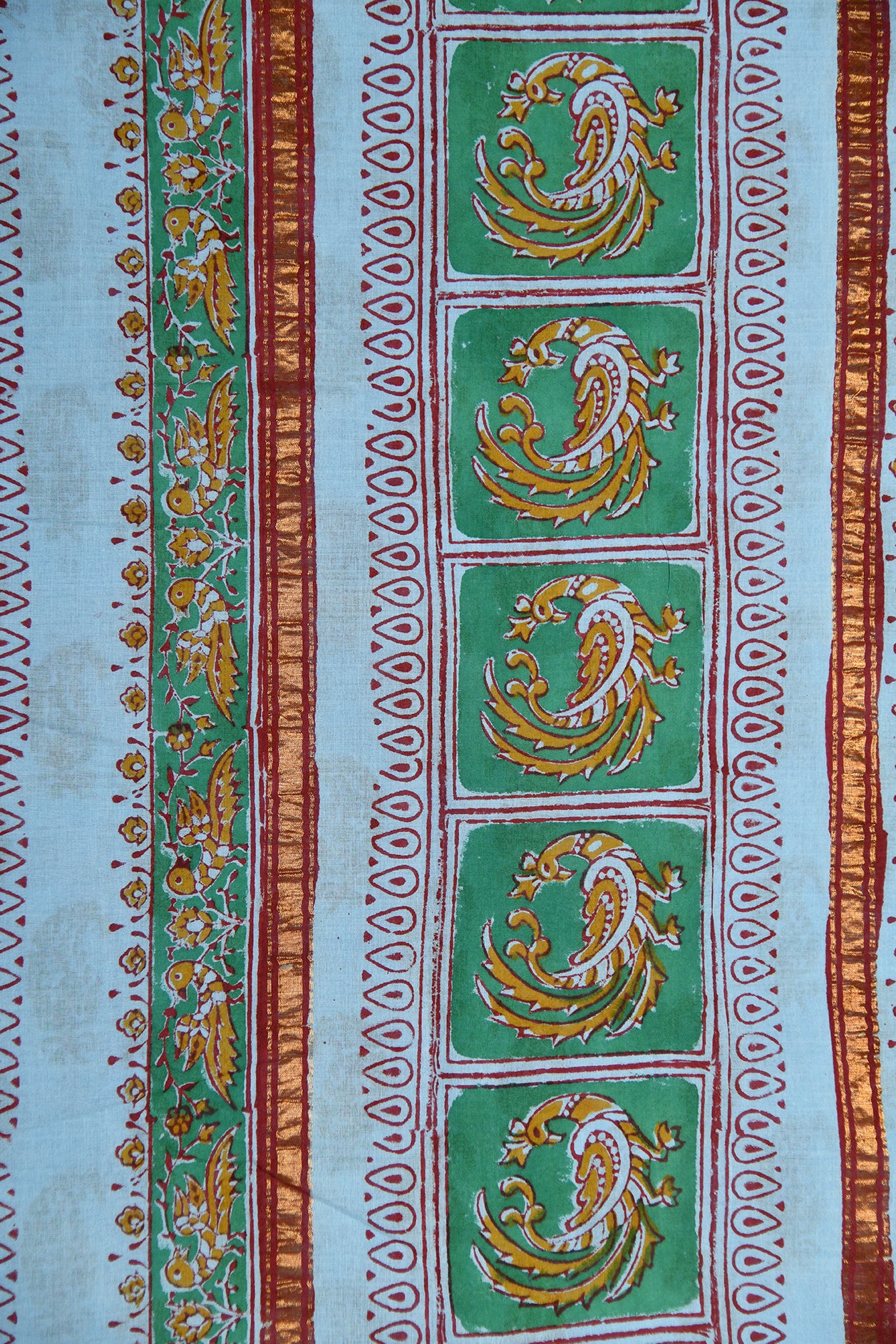 Traditional Zari Elephant Border Paisley Printed Pastel Blue Hyderabad Cotton Saree