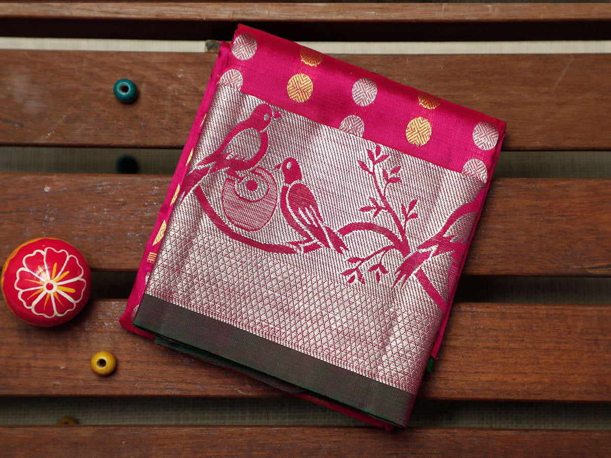 Parrot Silver Zari Border With Bindi Buttis Magenta Pink Kanchipuram Silk Unstitched Pavadai Sattai Material
