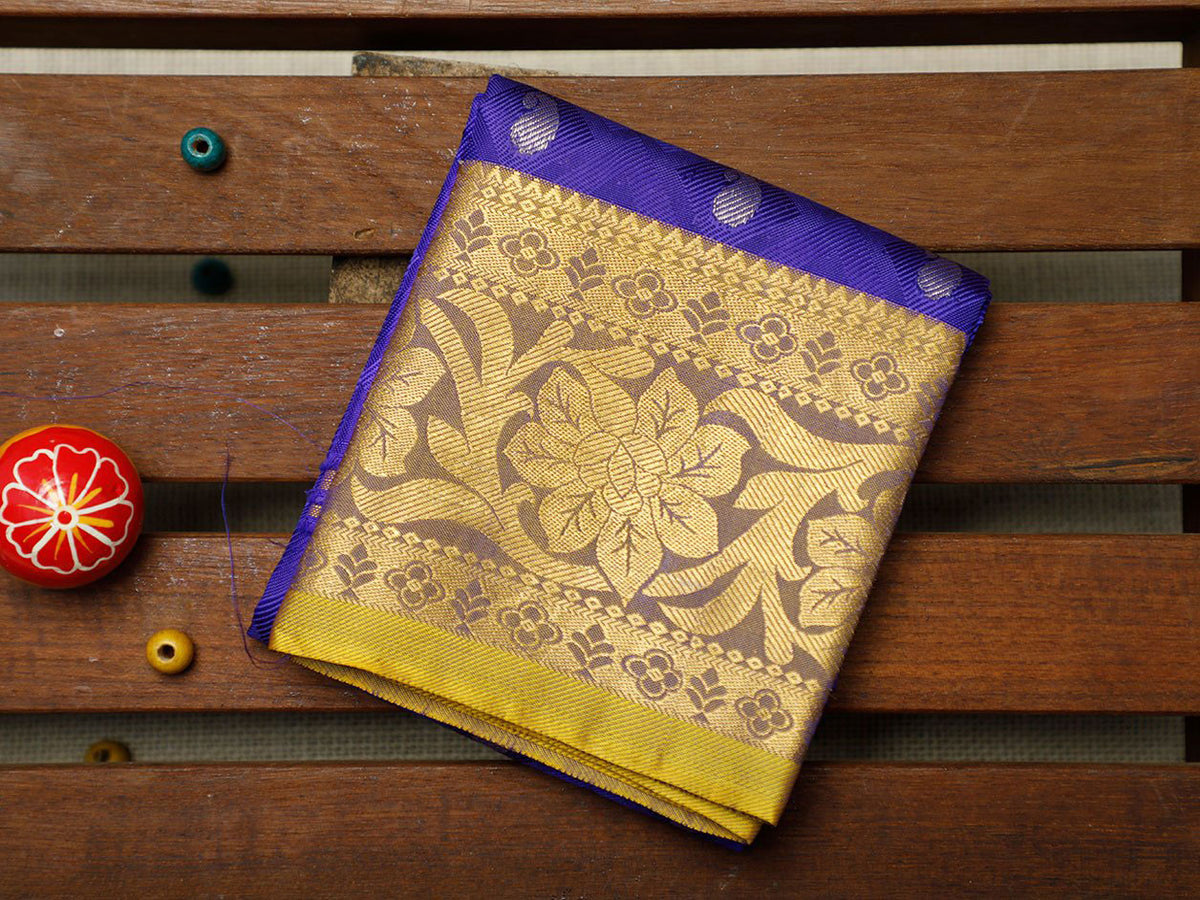 Floral Zari Border With Paisley Buttis Indigo Blue Kanchipuram Silk Unstitched Pavadai Sattai Material