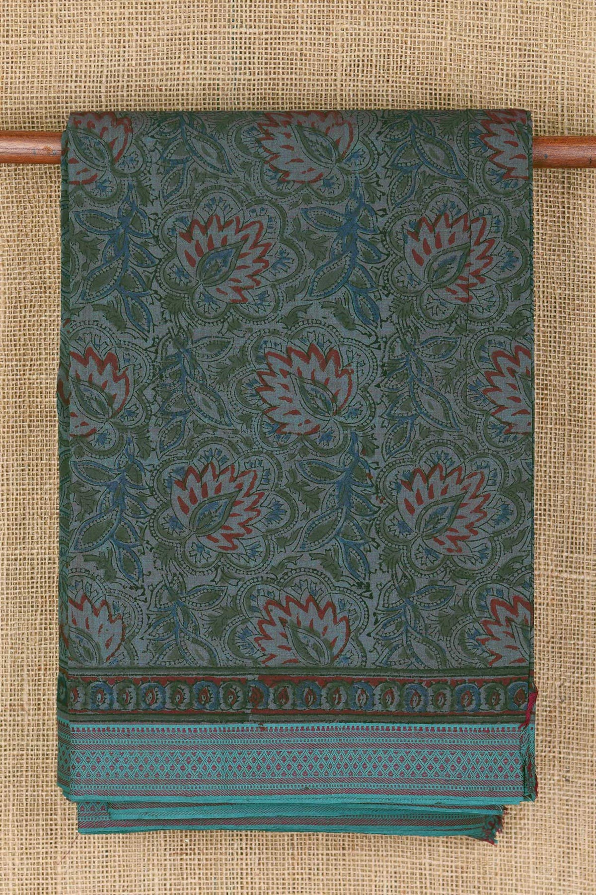 Thread Work Border With Floral Ajrakh Printed Stone Blue Mangalagiri Cotton Saree