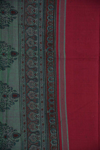 Thread Work Border With Floral Ajrakh Printed Stone Blue Mangalagiri Cotton Saree