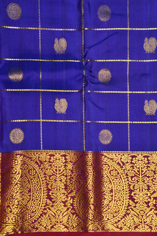 Traditional Paisley Zari Border With Checks And Peacock Butta Cobalt Blue Kanchipuram Silk Saree