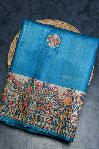 Floral Motif Madhubani Hand Painted Blue Tussar Saree
