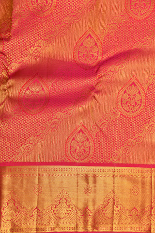 Traditional Big Border Leaf Design Motif Coral Pink Kanchipuram Silk Saree