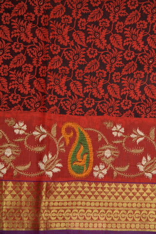 Zari And Embroidered Border Floral Design Black And Red Chanderi Cotton Saree