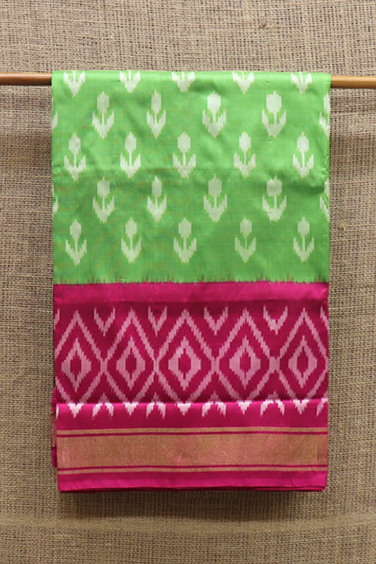Ikat Design Parrot Green Pochampally Silk Saree