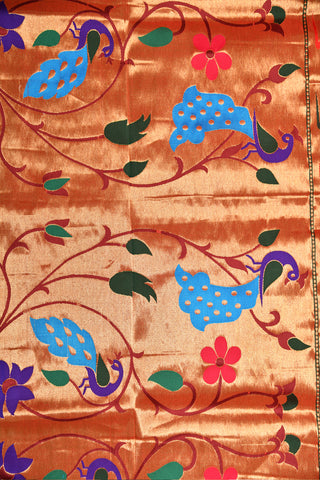 Contrast Mayilkan Border With Meenakari Work Floral Design Crimson Red Paithani Semi Silk Saree