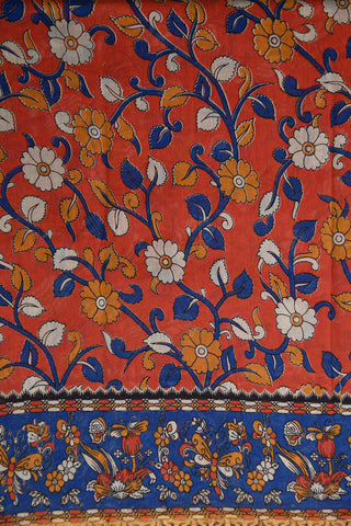 Contrast Navy Blue Border With Floral Printed Ochre Red Kalamkari Cotton Saree