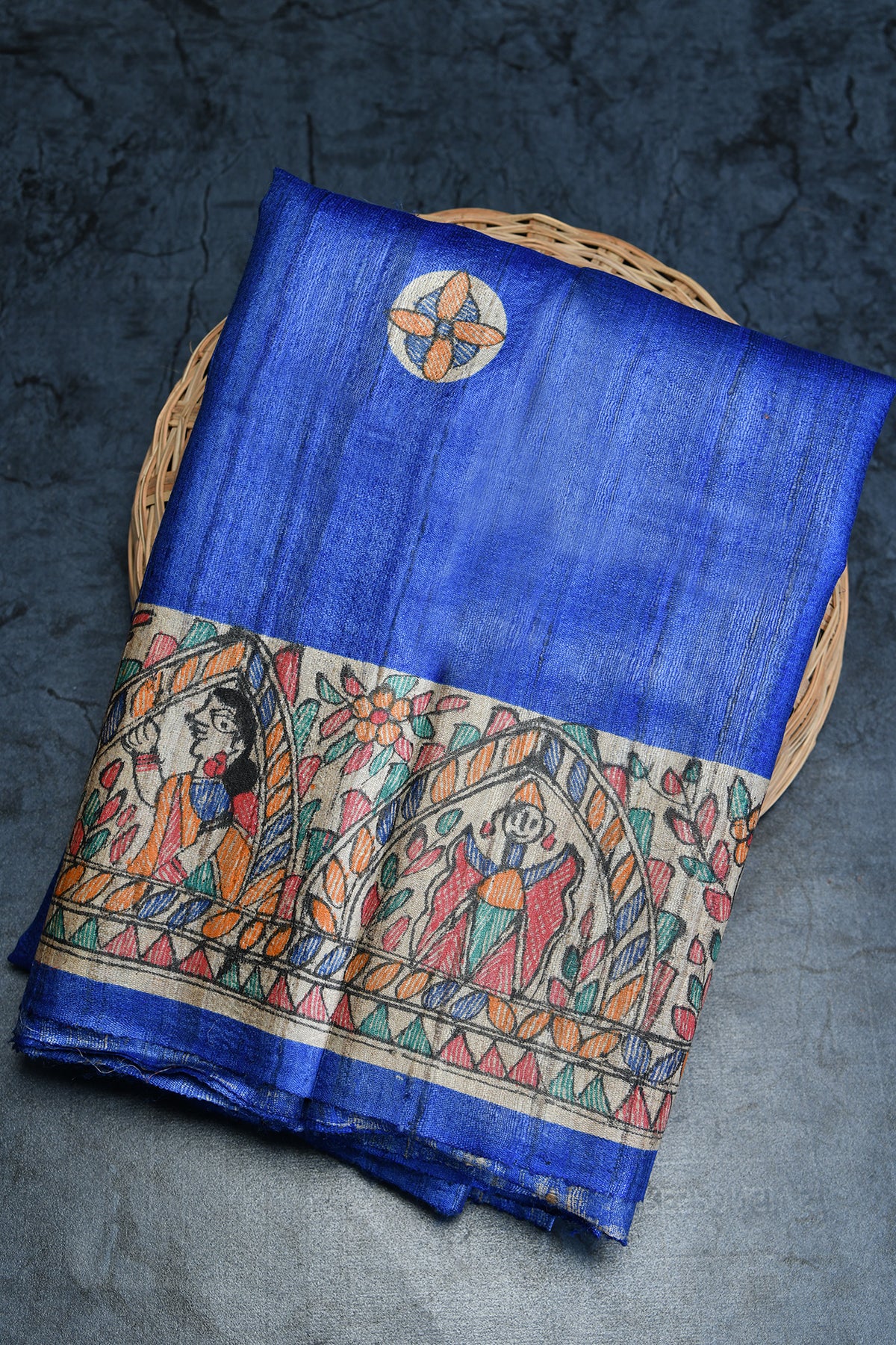 Hand Painted Madhubani Royal Blue Tussar Saree