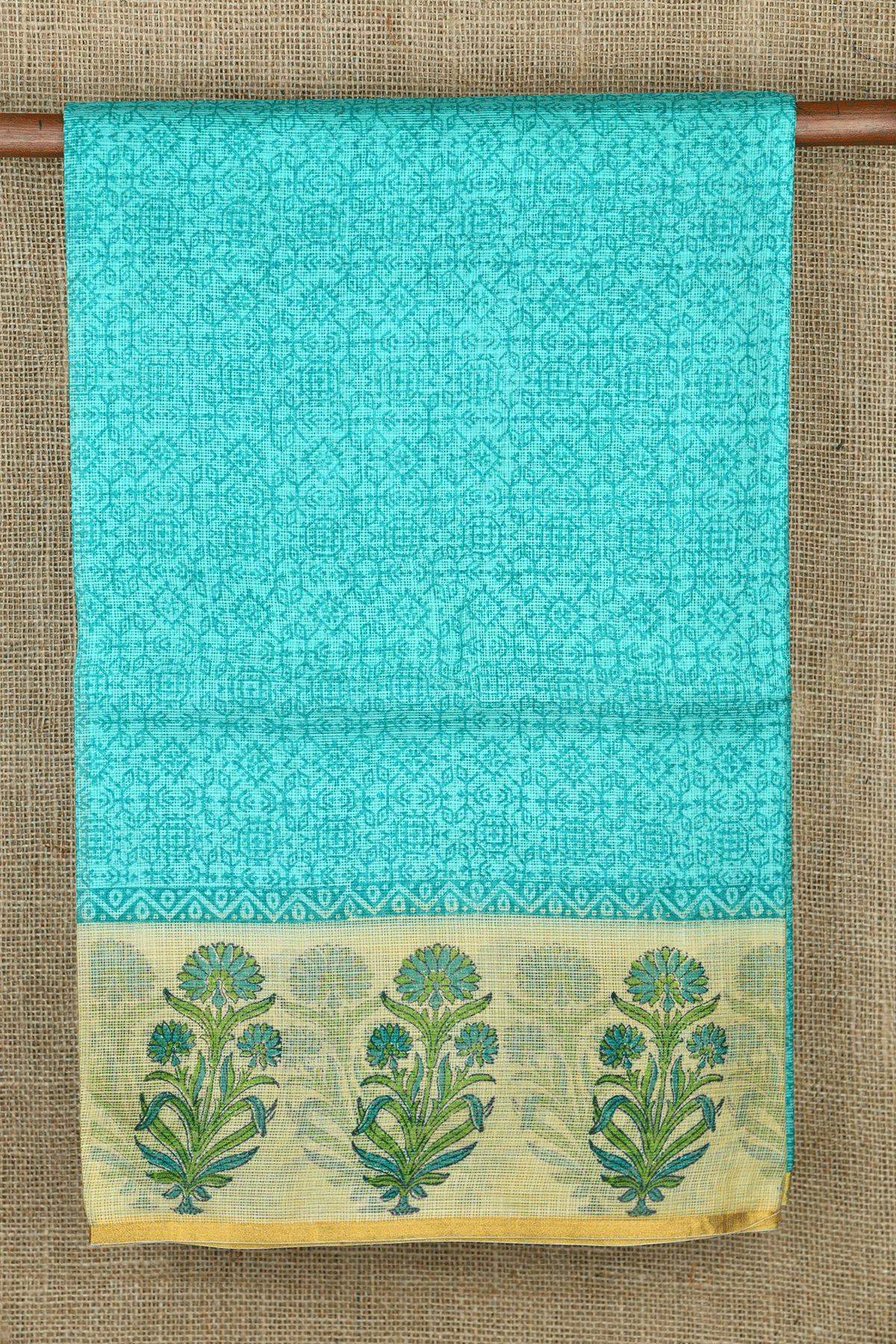 Floral Design Border With Allover Pattern Turquoise Blue Kota Cotton Saree