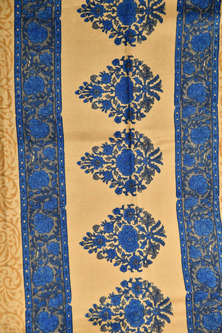 Floral Creepers Design Cream And Navy Blue Printed Silk Saree