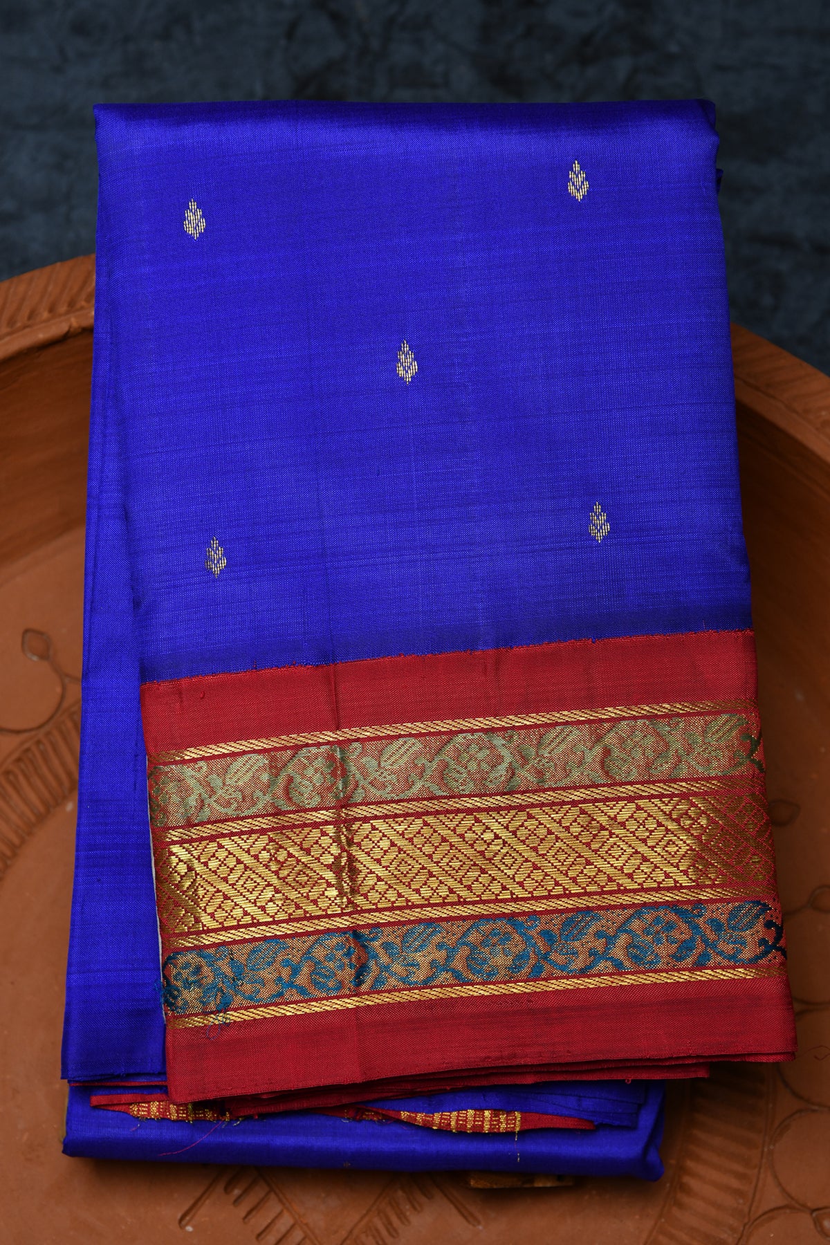 Contrast Zari Border With Small Buttis Cobalt Blue Kanchipuram Silk Saree