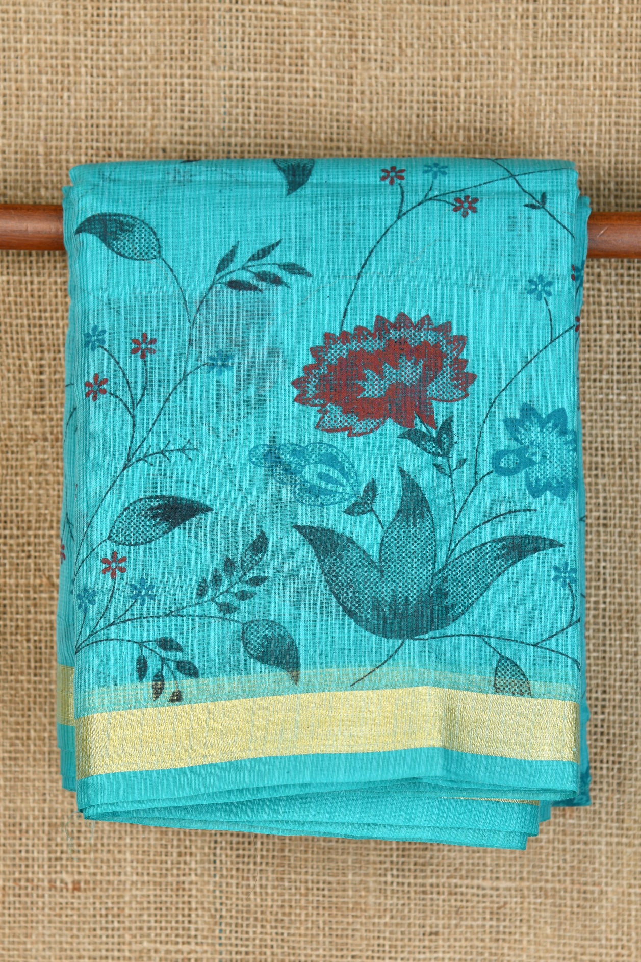 Small Zari Border With Floral Design Teal Blue Kota Cotton Saree
