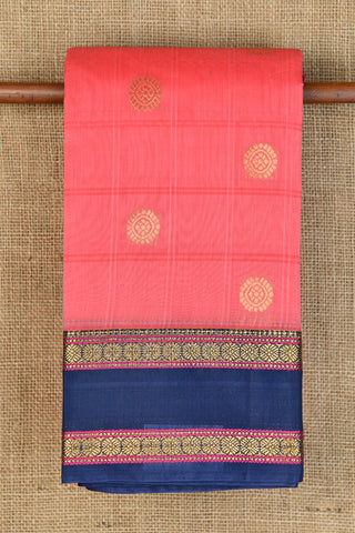 Contrast Zari Rudraksh Border With Butta Coral Pink Kora Silk Cotton Saree