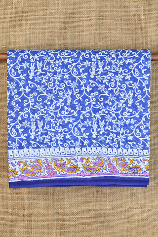 Floral Printed Aegean Blue Hyderabad Cotton Saree