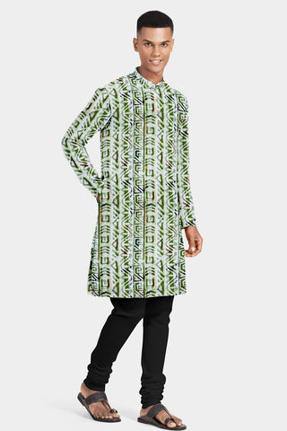 Chinese Collar Placket With Allover Pattern Off White And Green Cotton Long Kurta