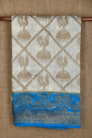 Contrast Zari Border With Geometric Pattern And Peacock Jhumkas Design Off White Banaras Silk Saree