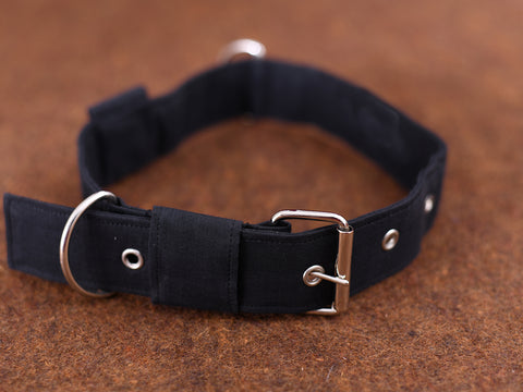 Black Plain Cotton Dog Collar With Rope Set