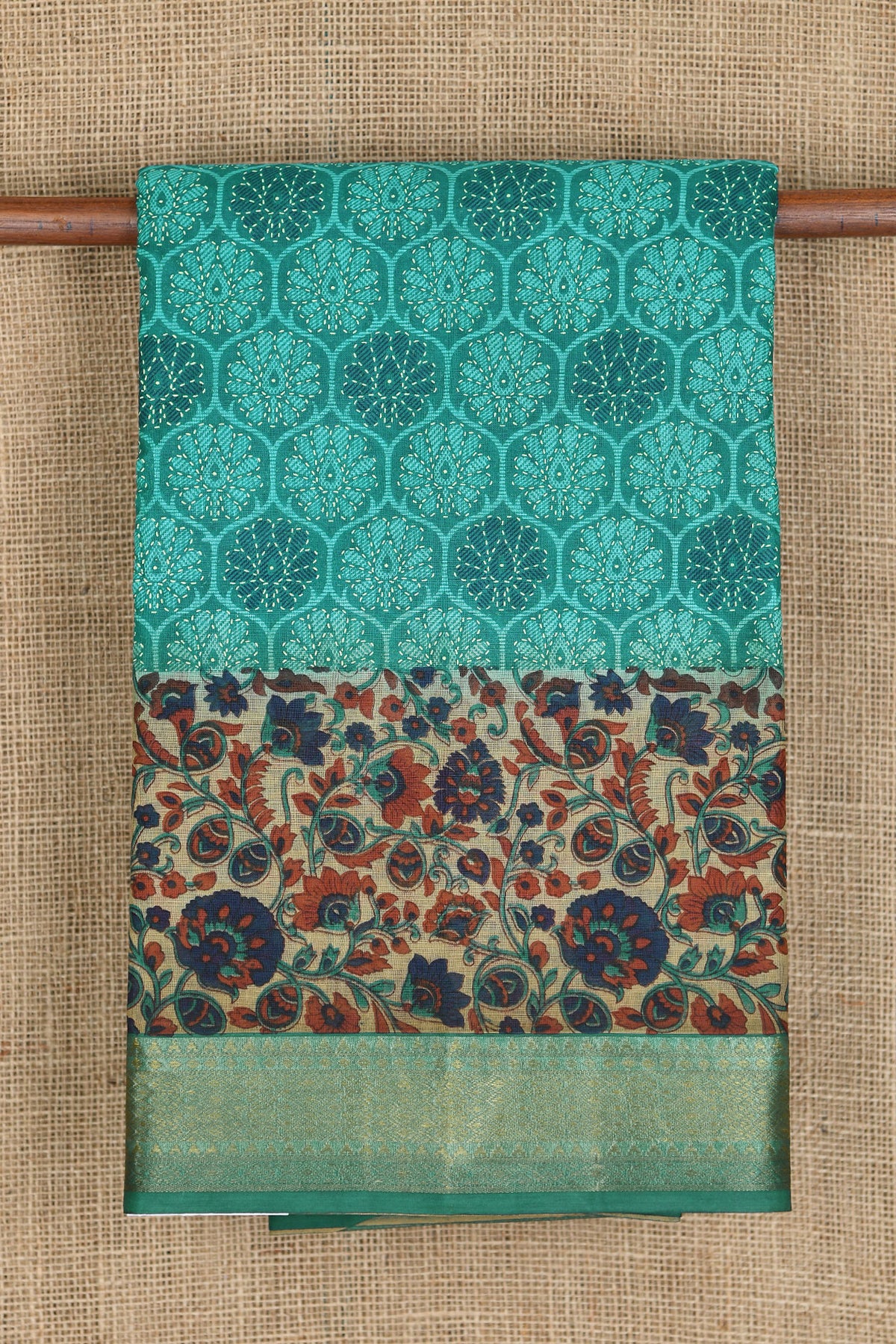 Floral Big Border With Ogee Pattern Teal Green Ahmedabad Cotton Saree
