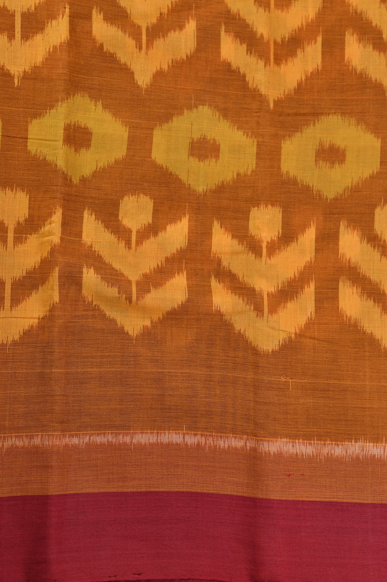 Contrast Border Ikat Pattern Mustard Brown Kora Silk Cotton Saree