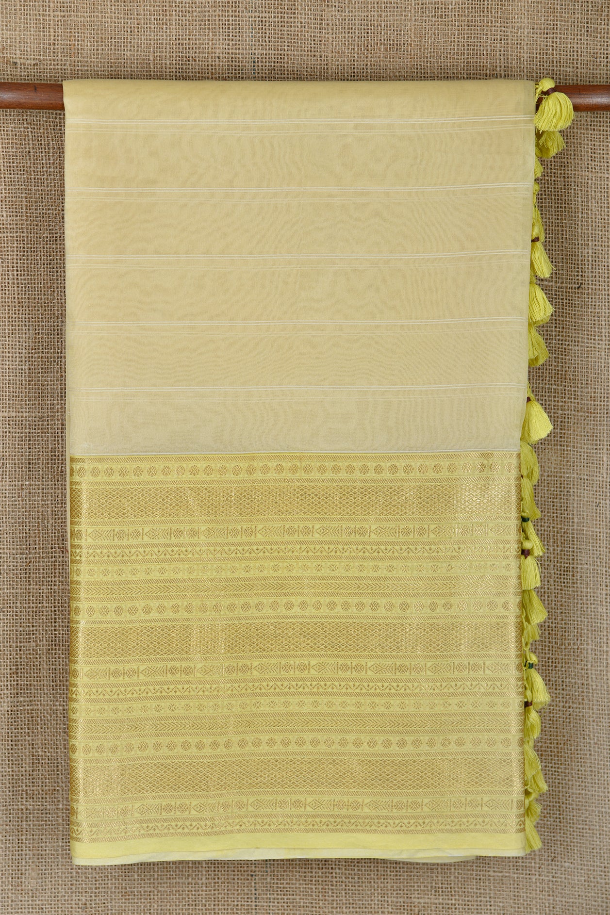 Traditional Big Zari Border Stripes Design Soft Yellow Organza Silk Saree With Additional Ikat Blouse