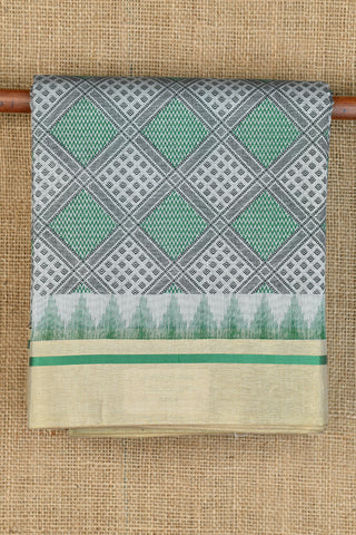 Temple Border With Geometric Design Grey And Green Chanderi Cotton Saree