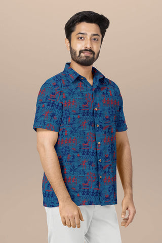 Regular Collar With Warli Printed Cerulean Blue Cotton Shirt