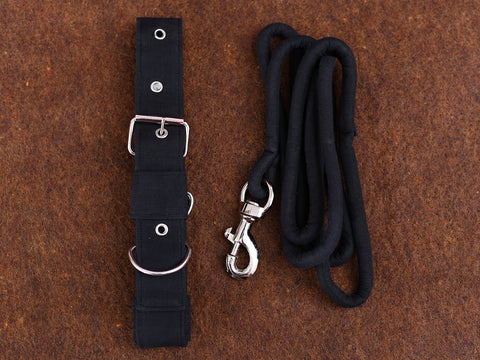 Black Plain Cotton Dog Collar With Rope Set