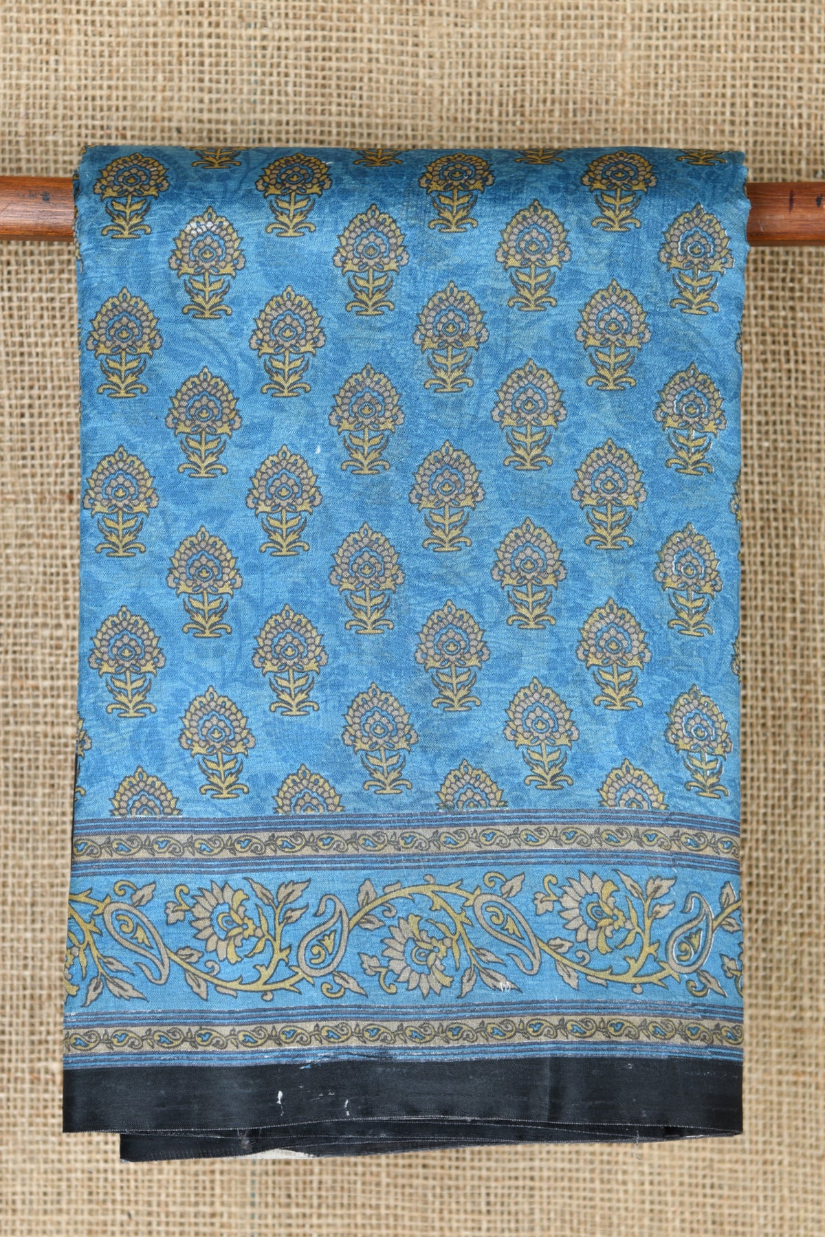 Floral Design Digital Printed Teal Blue Raw Silk Saree