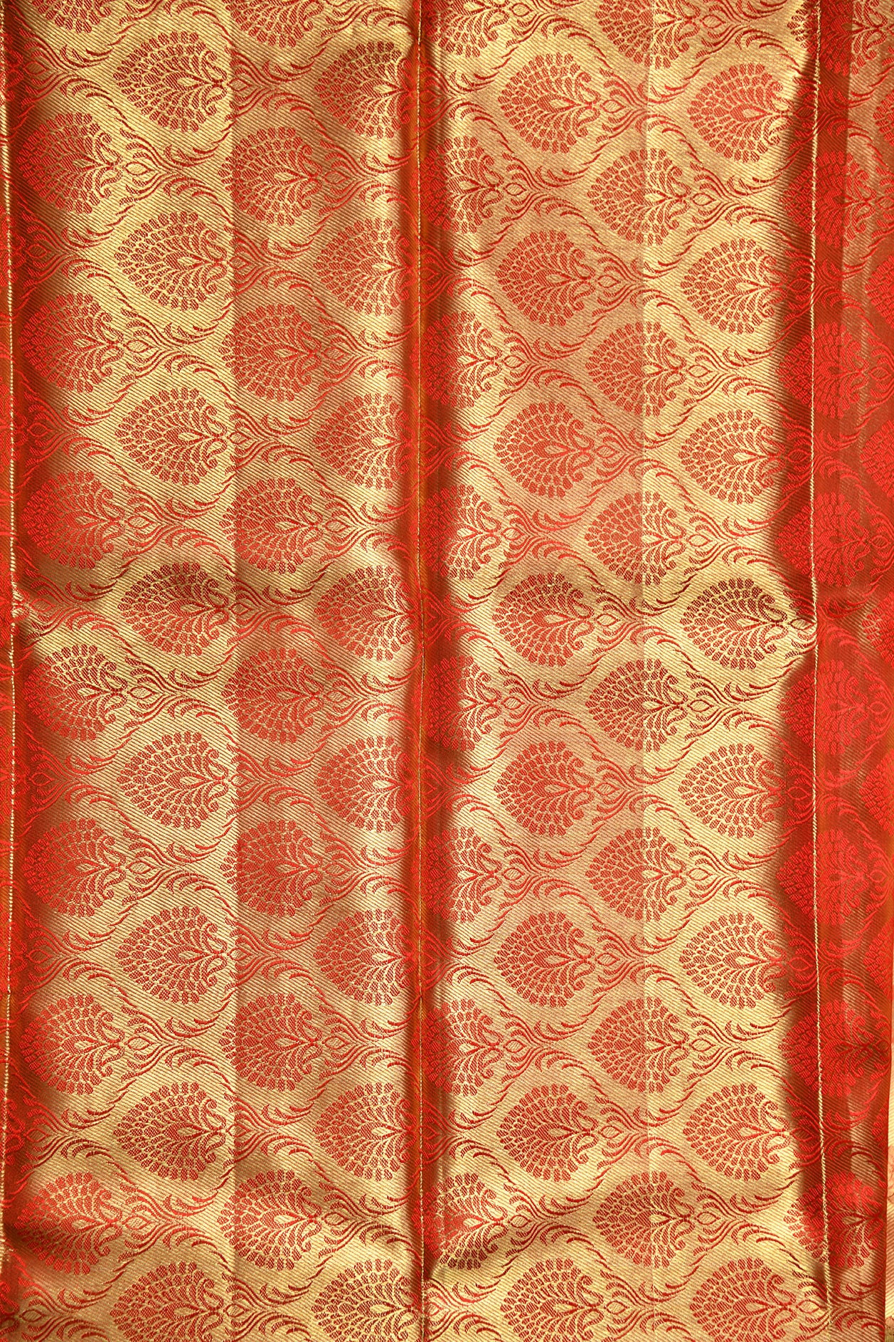 Peacock And Lotus Floral Border Golden Red Kanchipuram Silk Saree