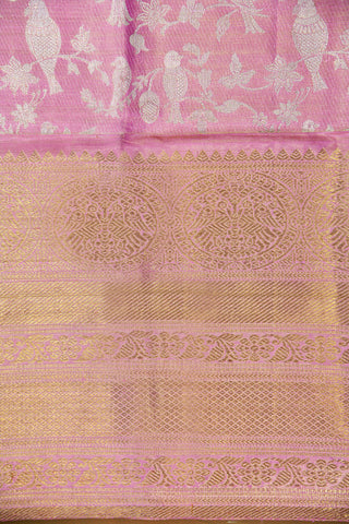 Silver Zari Parrot Design Onion Pink Kanchipuram Silk Saree