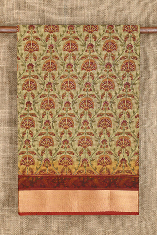 Thread Work Border With Ogee Pattern Brown Printed Ahmedabad Cotton Saree