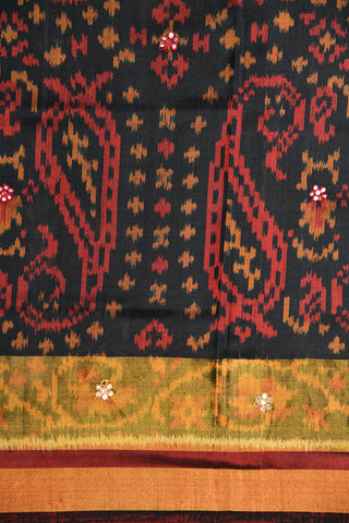 Small Zari Border With Paisley Design And Mirror Work Black Pochampally Silk Saree