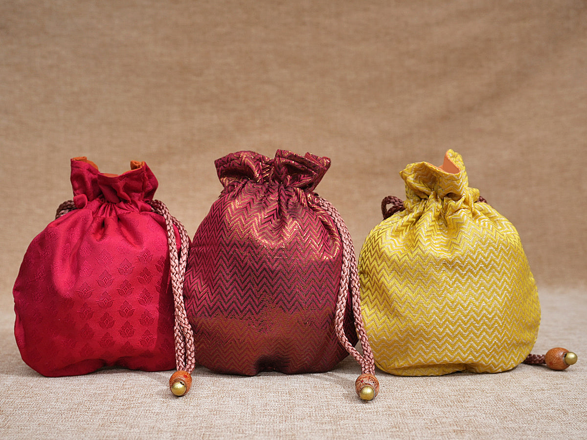 Assorted Set Of 3 Chanderi Cotton Potli Bags