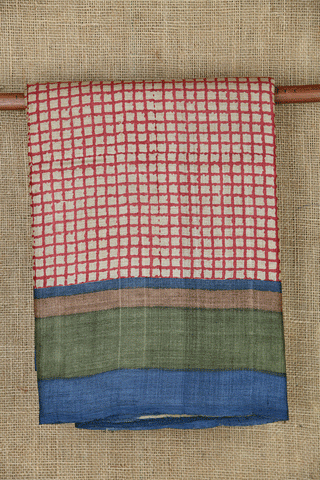 Checked Beige And Maroon Tussar Silk Saree