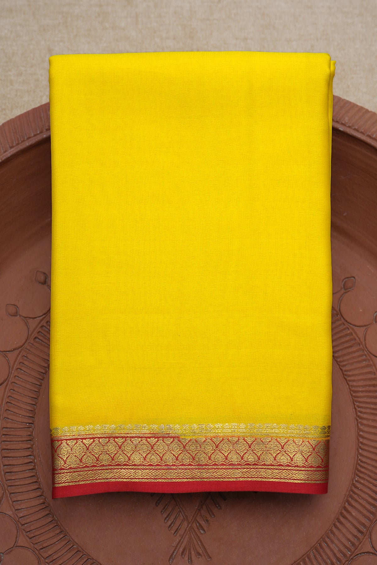 Contrast Zari Border Plain Lemon Yellow Mysore Silk Saree