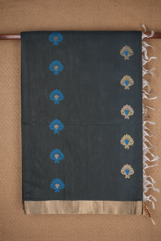 Floral Threadwork And Zari Motif Grey Kora Silk Cotton Saree