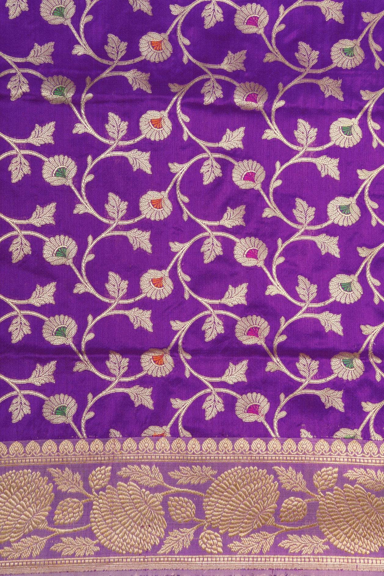 Floral Zari Border With Meenakari Work Creepers Design Purple Banaras Silk Saree