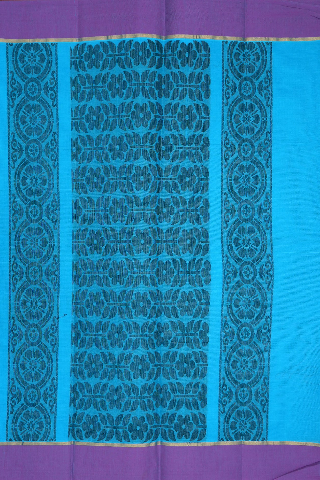 Floral Threadwork Motifs Sky Blue Kanchi Cotton Saree