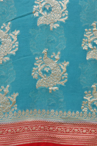 Peacock Motif Turquoise Blue Banaras Silk Saree