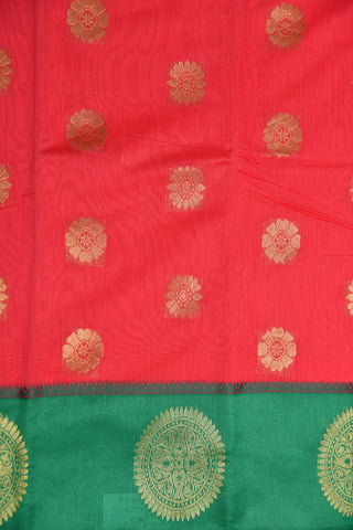 Contrast Border Floral Zari Butta Red Kora Silk Cotton Saree