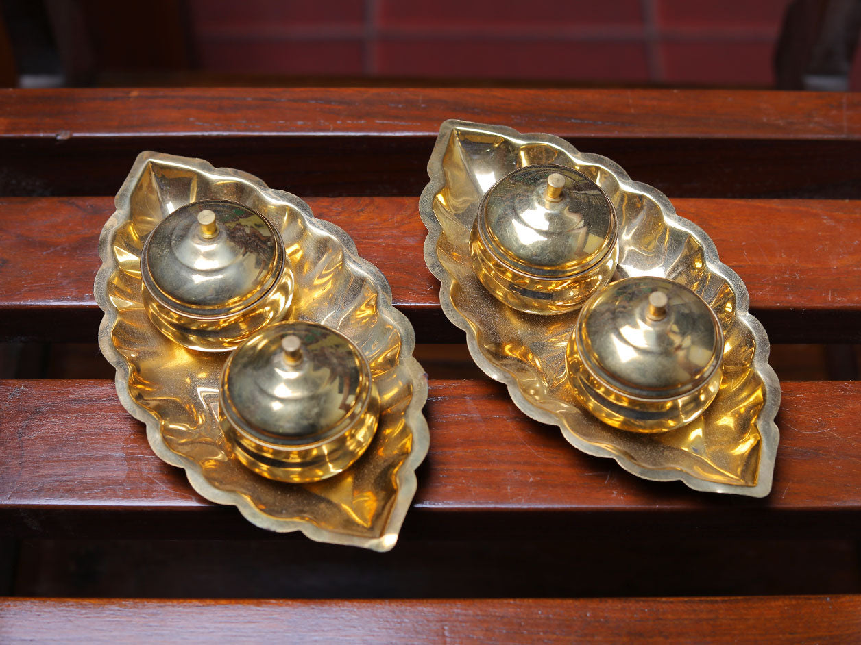 Festival Use For Brass Turmeric Kumkum Box With Plate Set Of 2