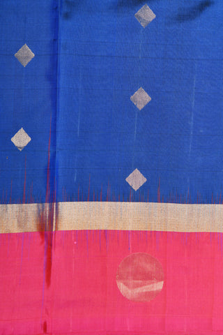 Contrast Rani Pink And Zari Border With Diamond Buttis Cobalt Blue Soft Silk Saree