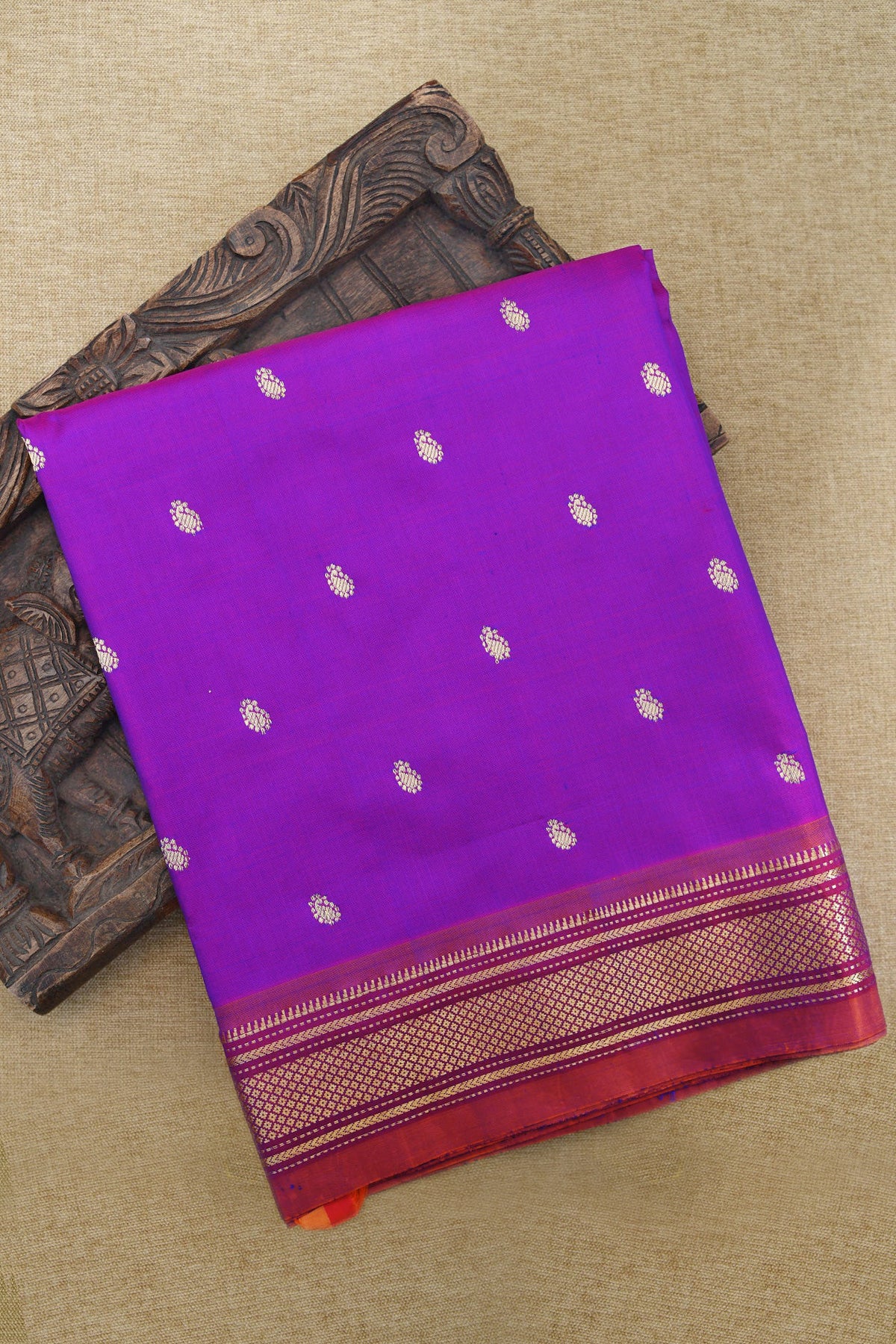 Small Paisley Buttis With Contrast Mayilkan Border Brinjal Purple Paithani Silk Saree