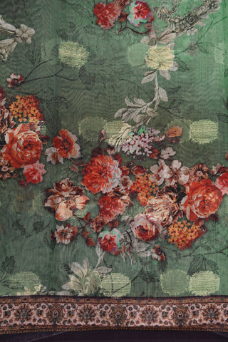 Small Border With Floral Digital Printed Fern Green Semi Linen Silk Saree