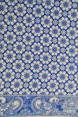 Annam Design Border With Chevron Printed White And Blue Kalamkari Cotton Saree