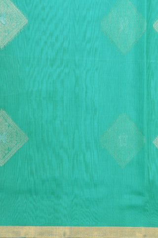 One Inch Zari Border With Square Floral Butta Light Teal Blue Kora Silk Cotton Saree