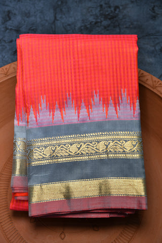 Temple Border Pink And Orange Stripes Gadwal Silk Saree